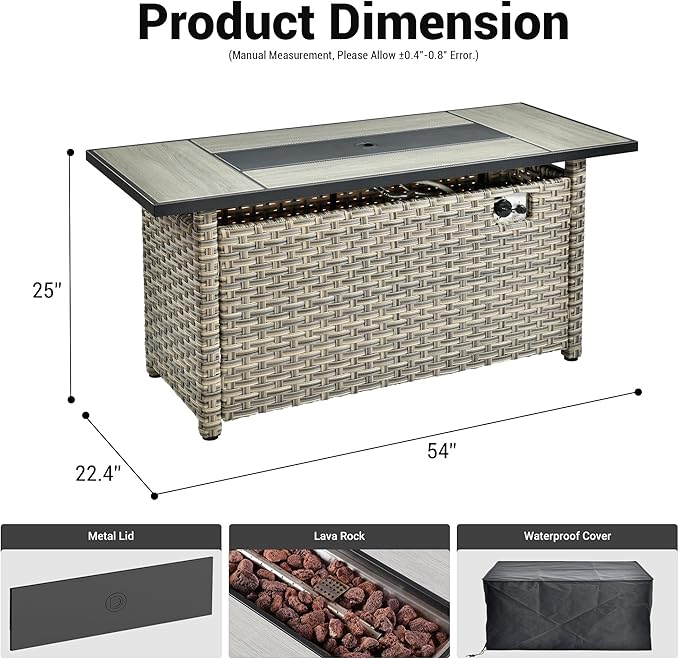 OVIOS 54 Inch Outdoor Patio Fire Pit Table 50000 BTU Heater PE Rattan Propane Firepits with Ceramic Tabletop Waterproof Cover Lid and Lava Rock Rectangular Mixed Color