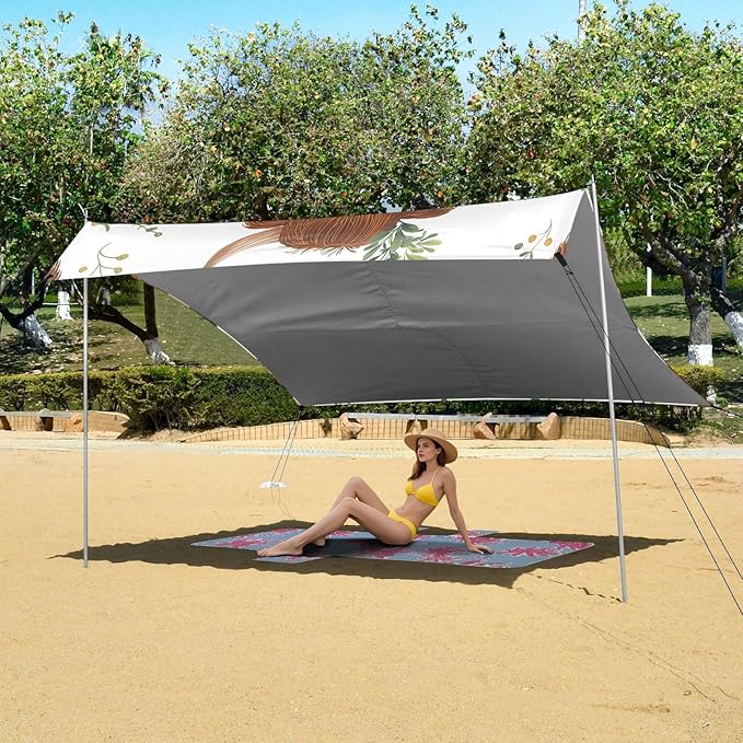 ALAZA Cartoon Highland Cattle Leaves Pattern Beach Tent Sun Shelter Portable Canopy Sunshade for Outdoor Camping Picnics Backyard Fun 10x9 ft