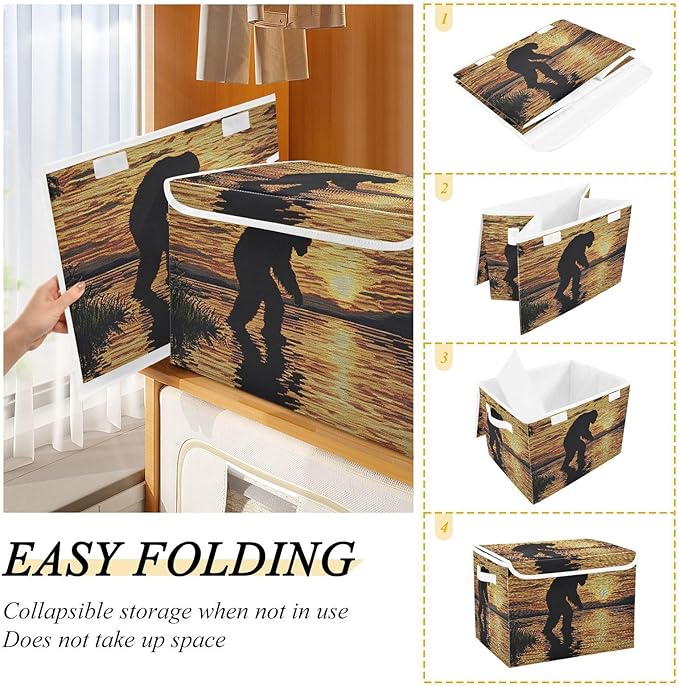 Storage Cube with Lid Sunset Sasquatch Print 16.5×12.6×11.8 IN Collapsible Large Capacity Foldable Storage Basket Bin Organizer