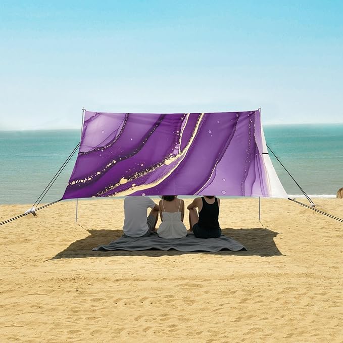 xigua Purple Texture Beach Tent Sun Shelter with Carrying Bag - Silver Coated Oxford Fabric Beach Canopy for Beach Camping Fishing - Includes Windproof Ropes Sandbags &amp Stakes