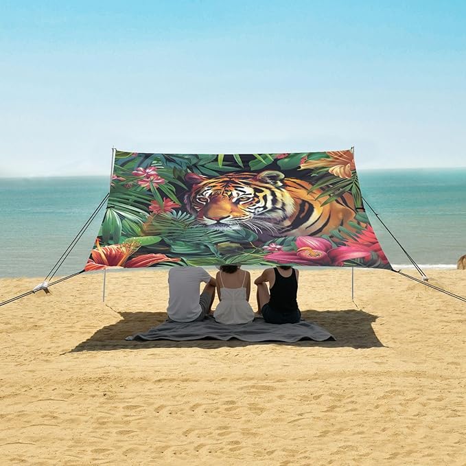 ALAZA Tropical Flowers and Tigers Beach Tent Sun Shelter Portable Canopy Sunshade for Outdoor Camping Picnics Backyard Fun 10x9 ft