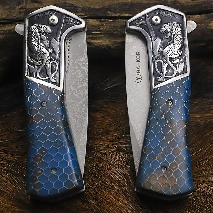 BA-KOR B21A Devil Tiger (XL) 248mm Damascus pocket knife featuring stainless steel and resin aluminum honeycomb-pattern handle &amp(5.9IN) cerium igniter suitable for both men and women as a campin