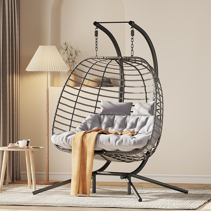 Double Hanging Egg Chair wth Stand Patio Hammock Swing Chair with Cushion Loveseat for Bedroom Balcony Garden Indoor Outdoor