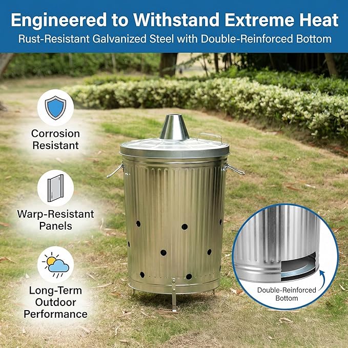 Gardenised 20-Gallon Galvanized Steel Incinerator Can with Lid &amp Vent Holes High-Heat Outdoor Burn Bin for Leaves Paper Yard Waste &amp Garden Debris Silver