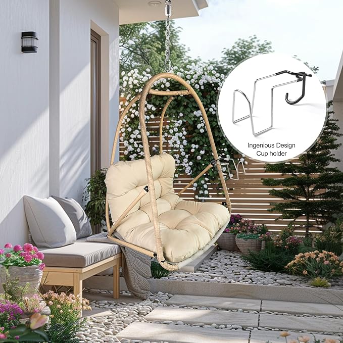 JESE Swing Egg Chair Without Standwith Removable Cup Holder - 300LBS Capacity All-Weather Hanging Chair for Indoor/Outdoor Patio Garden &amp BalconyKhaki