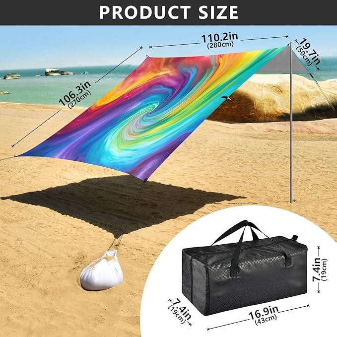 Tie Dye Beach Tent Sun Shelter 9.2' x 10.5' Beach Canopy with 4 Sandbags 4 Stability Poles Sand Shovels - Tent Canopy for Beach Camping Fishing Picnics