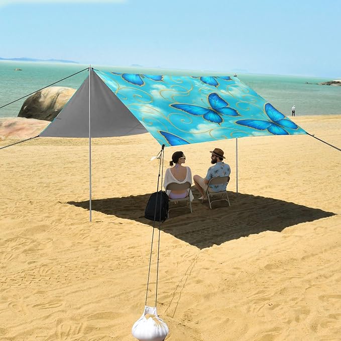 xigua Butterfly Beach Tent Sun Shelter with Carrying Bag - Silver Coated Oxford Fabric Beach Canopy for Beach Camping Fishing - Includes Windproof Ropes Sandbags &amp Stakes