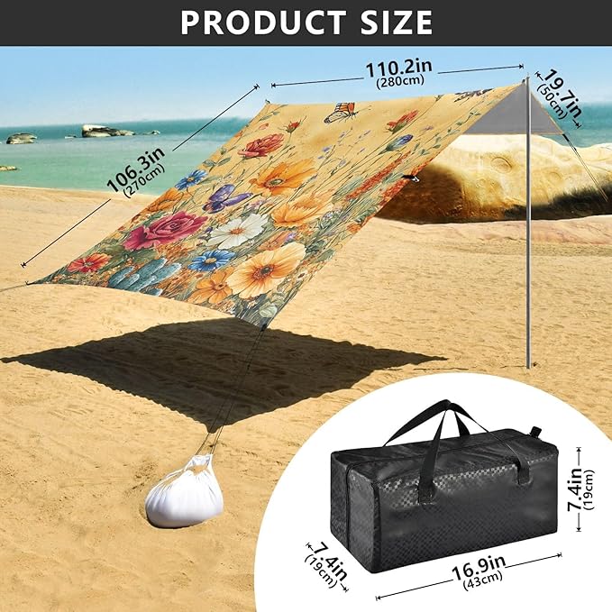 Autumn Flowers Rose Cactus Butterflies Bees Beach Tent UPF50+ Lightweight Sun Shelter with Carrying Bag for Family Trips Picnics &amp Camping
