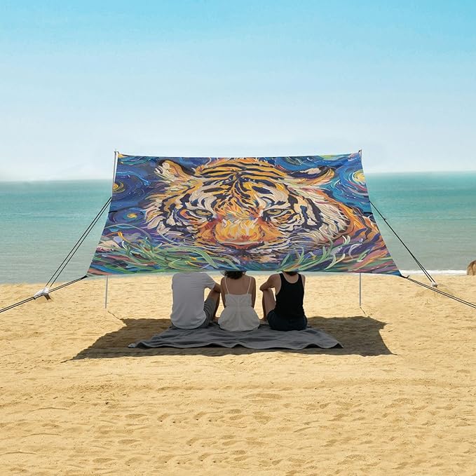 ALAZA Tigers Starry Beach Tent Sun Shelter Portable Canopy Sunshade for Outdoor Camping Picnics Backyard Fun 10x9 ft