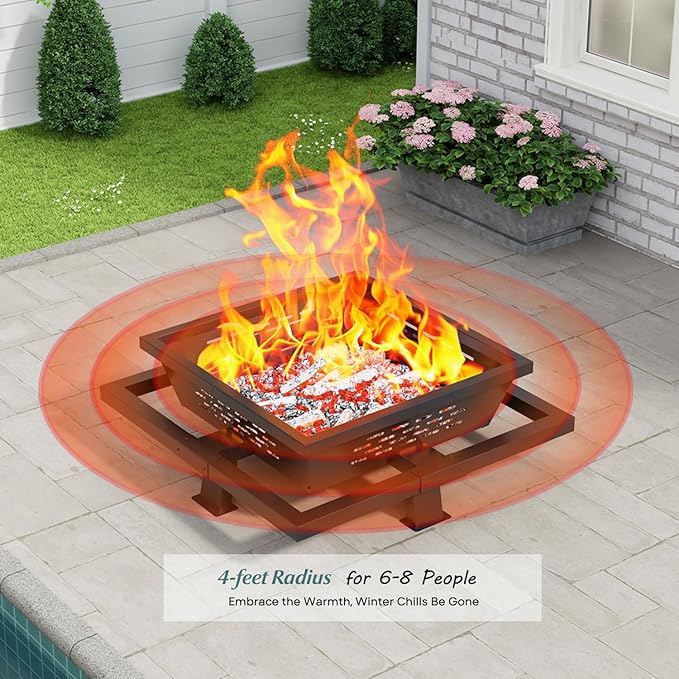 36 inch fire Pit Square Outdoor Fire Pit with Poker Wood Burning Fire Pit for Camping Backyard Patio