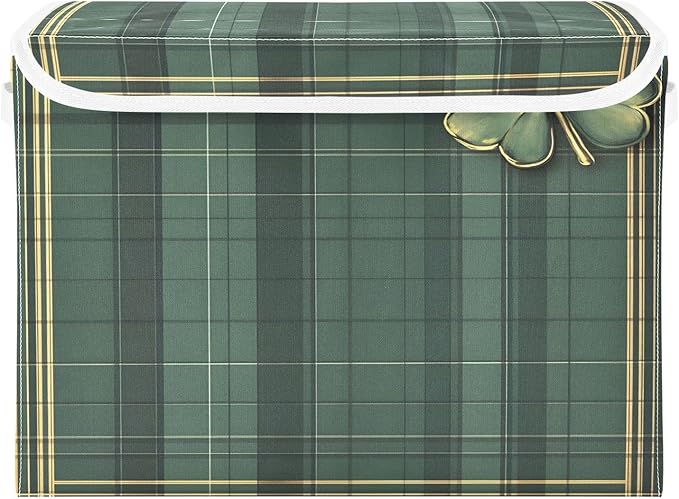 Christmas Storage Baskets with Lids Green Plaid Clover Collapsible Bins Stackable Fabric Linen Baskets Closet Organizer Container 16.5x12.6x11.8