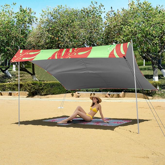xigua Leaf Beach Tent Sun Shelter with Carrying Bag - Silver Coated Oxford Fabric Beach Canopy for Beach Camping Fishing - Includes Windproof Ropes Sandbags &amp Stakes