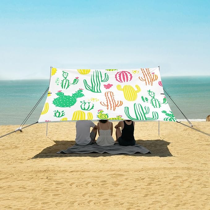 Beach Canopy with Windproof Ropes &amp Sandbags Beach Tent Sun Shade Sun Shelter for Camping Trips Fishing Backyard Fun or Picnics Cactus
