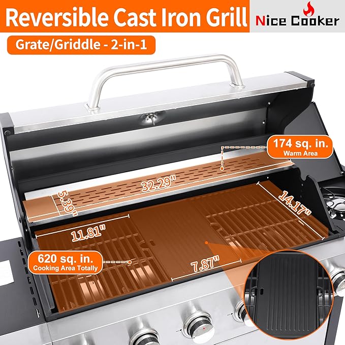 6-Burner Propane Gas BBQ Grill with Side Burner - 65850 BTU Total Output Stainless Steel Grills with Enameled Cast Iron Grill for Outdoor Backyard Barbecue 620 SQ. IN. Cooking Area