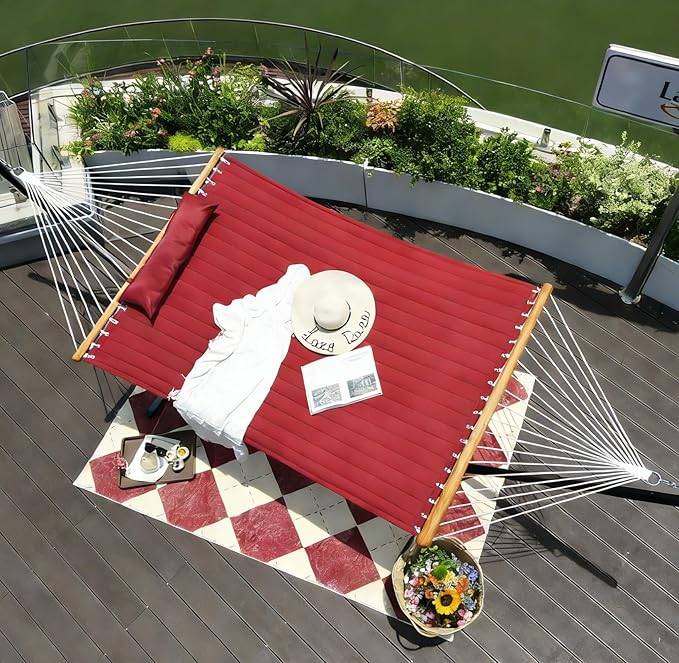 Lazy Daze Hammocks 2 Person Portable Hammock with 12FT Stand for Outside Quilted Double Hammock with Spreader Bar and Detachable Pillow 450lbs Capacity Perfect for Outdoor Patio Burgundy
