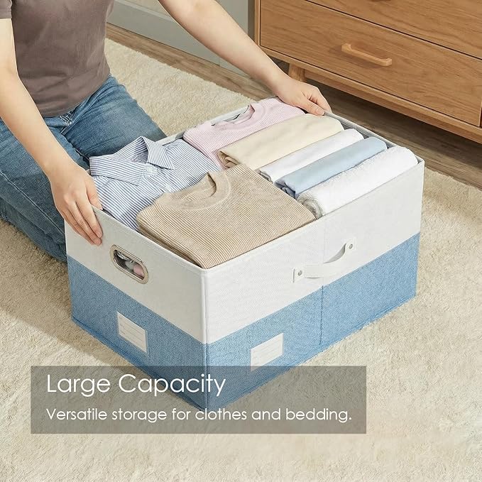PRANDOM Storage Bins with Lids [3-Pack] Linen Fabric Foldable Storage Boxes Organizer Containers Baskets Cube with Cover for Bedroom Closet Office White&ampBlue (23.4X15.9X11.4)