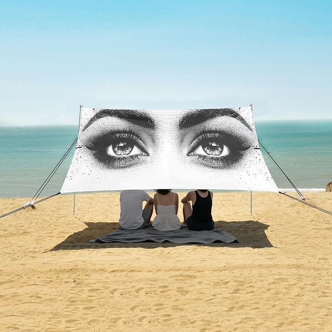 Deep Woman Eyes Black Beach Tent Sun Shelter Set UPF50+ UV Protection 10.5 x 9.19 FT Camping Shade Canopy with Sandbags Sand Anchors Carrying Bag and Others