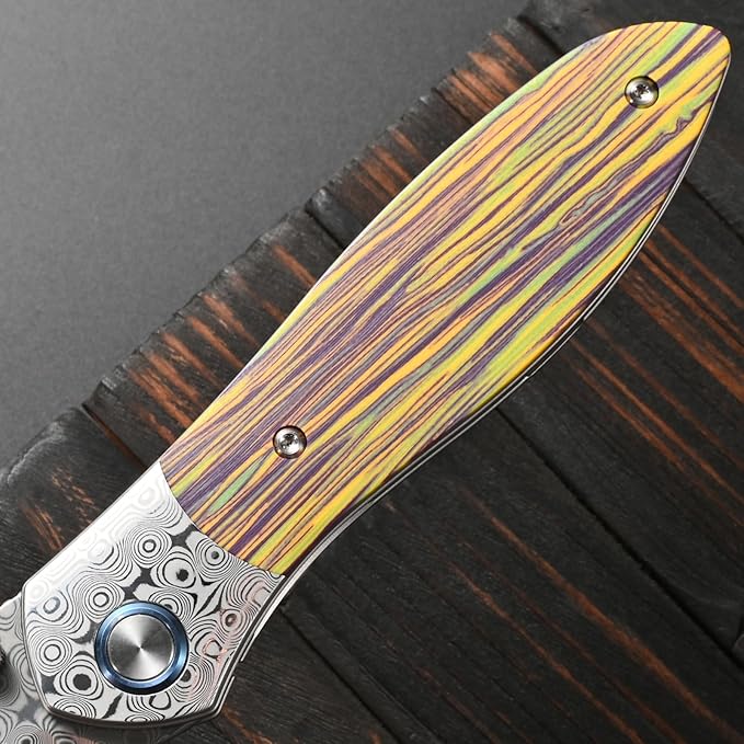 Sitivien ST273 Damascus Steel Blade Folding Knife Colorful G10 &amp Damascus Handle with Ball Bearing for Outdoor Camping Hiking Fishing (Wood grain)