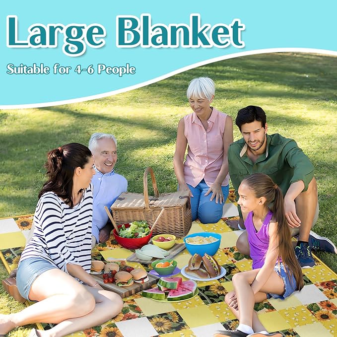 Checkered Picnic Blankets Waterproof Foldable 60″X80″Sunflower Picnic Mat Outdoor Blanket for Grass Cute Bee Thick Beach Blanket Sandproof Picnic Accessories for Camping Party Park Patio