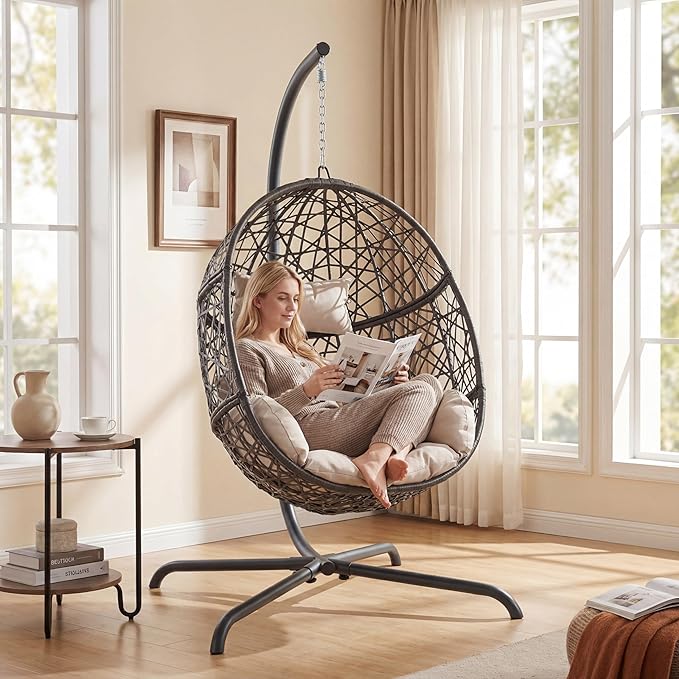NICESOUL Bird Cage Swing Egg Chair UV/Water-Resistant 450lbs Capacity Wicker Swinging Chairs with Stand Comfy Oversized Hanging Seat w/Cushion Metal Frame &amp Cover for Indoor Outdoor Grey &amp