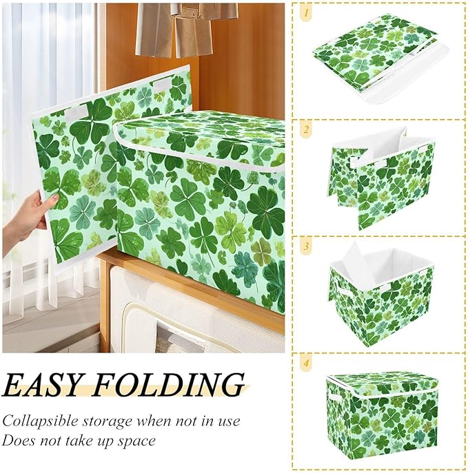 Storage Bins with Lids Storage Containers Box Organizer Bin Basket with Handles for Closet Shelves Clothes Stackable Foldable Decorative Green Nature St Patrick Clovers