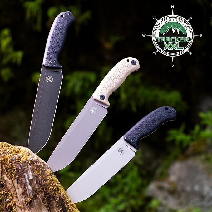 Off-Grid Knives - TRACKER-XXL Fixed Blade Knife Cryo D2 Blade Steel G10 Scales Kydex Sheath OG Lo-Pro Belt Attachment Chopping Camping Bushcraft Hunting Survival (Blackout)