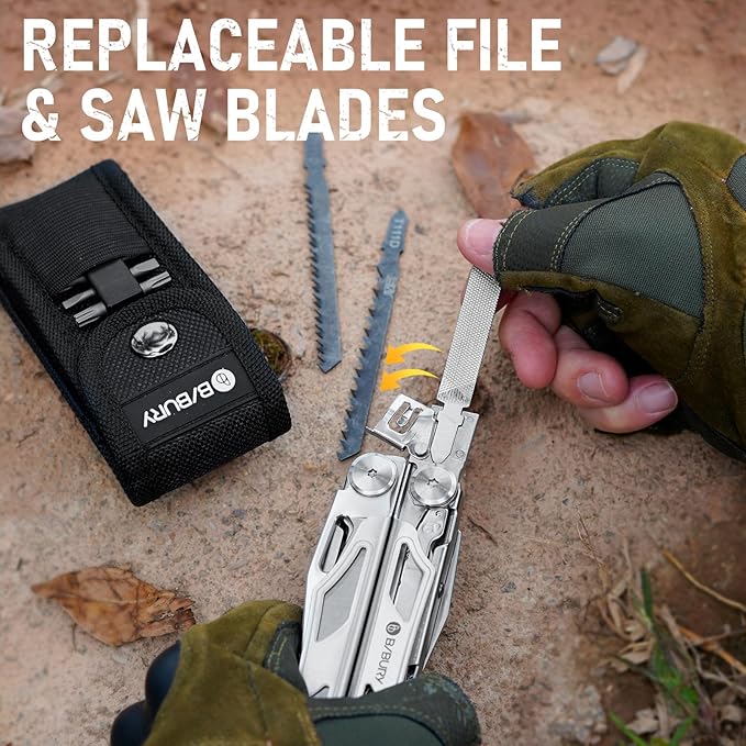 BIBURY Multitool Pliers Pro BI2045 Foldable Multitools with Replaceable Wire Cutters and Saw Stainless Steel Multi Tool w/Upgraded Scissors and Screwdriver Set Ideal for Camping Hiking Survival