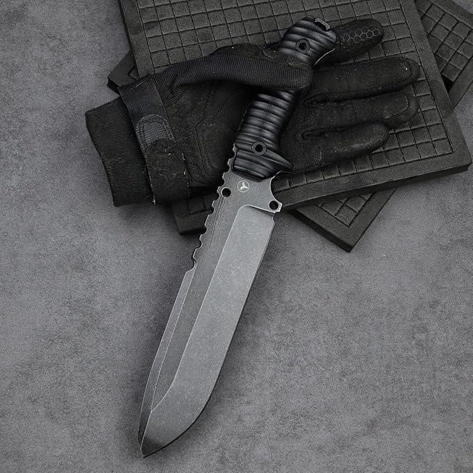 LENGREN【Eggplant 12.8 Inches 7MM THK Full Tang Heavy Fixed Blade Multifunctional Tactical Knife Drop Point DC53 Steel Kydex Sheath For Camping Hiking Hunting (Black)