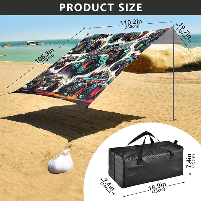 ALAZA Monster Trucks Graffiti Beach Tent Sun Shelter UPF50+ Protection Beach Shade Canopy w/ 4 Sandbags for Outdoor Camping Fishing Backyard Fun Picnic 10x9 ft