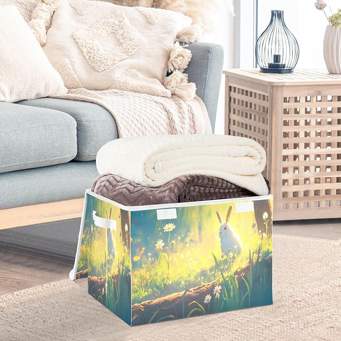 senya Large Storage Bins with Linen Easter Rabbit Collapsible Foldable Storage Cubes Fabric Closet Organizer Containers Box with Flip-Top Lid for Home Bedroom Office 16.7 x 12.6 x 11.8in