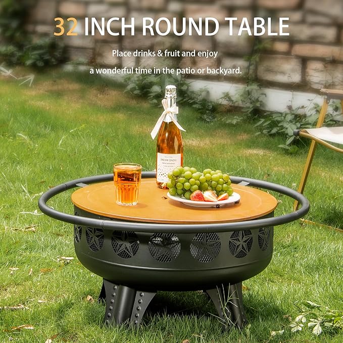32 Inch Fire Pit with Swivel Cooking Grate3-in-1 Wood Burning Firepit with GrillOutdoor Fire Pits Table with Metal Lid and Poker for Outside Patio Backyard BBQ Bonfire Camping (32 Inch)