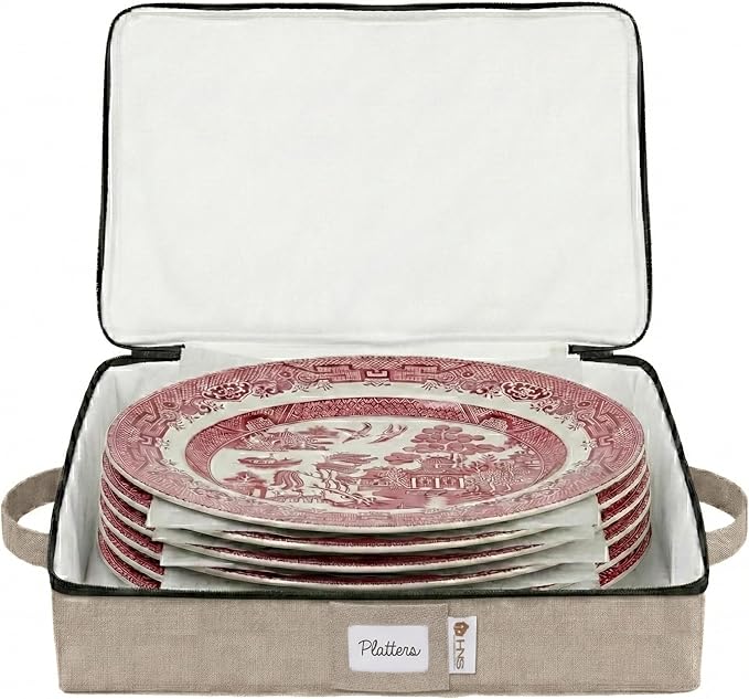 Platter Storage Containers - Hard Shell Protection for Fine China Sturdy Dish Organizer with Dividers for Seasonal Storage Moving &amp More - Protects up to 4 Platters (Brown)