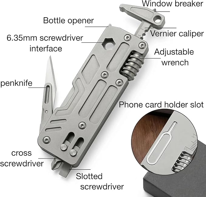 Titanium Pocket Wrench Multitool 0.1 lbs Lightweight EDC Keychain Tool with 15mm Adjustable Jaw 9-in-1 Functions — Auto Window Breaker and Screwdriver for Daily Carry
