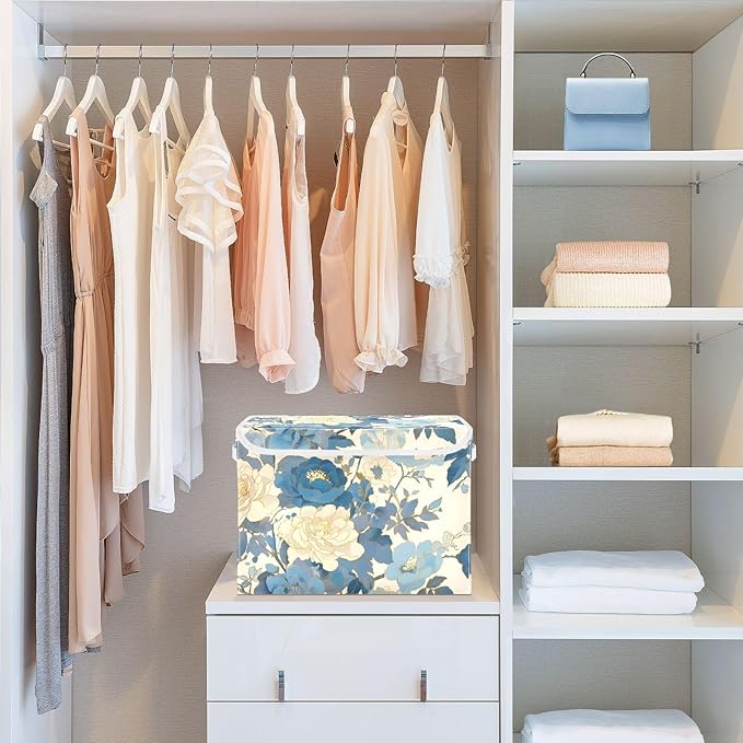 Blue White Peony Lidded Storage Bins with Handles - 16.5x12.6x11.8 Foldable Organizing Box Oxford Fabric &amp Honeycomb Board Dust-Proof Flip Lid for Closet/Office