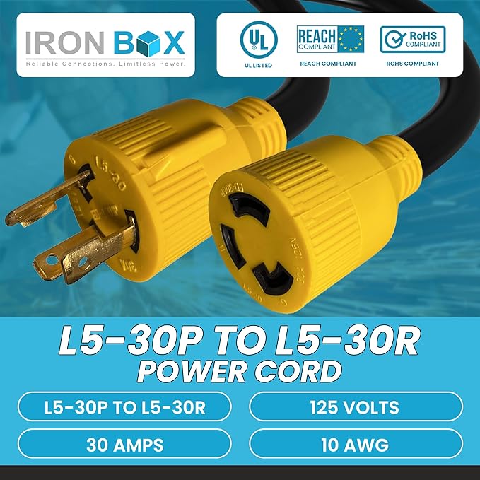 IronBox Electric L5-30P to L5-30R Locking Power Cord - 30A 125V 10 AWG 3 Conductor - Electrical Adapter Plug - Heavy Duty Plug and Connector Extension Cable for RV Generators Camper &amp More (2