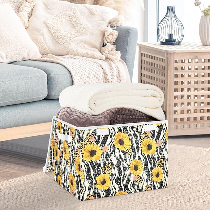 Storage Cube with Lid Leopard Sunflower Print 16.5×12.6×11.8 IN 1 Pack Collapsible Large Capacity Foldable Storage Basket Bin Organizer