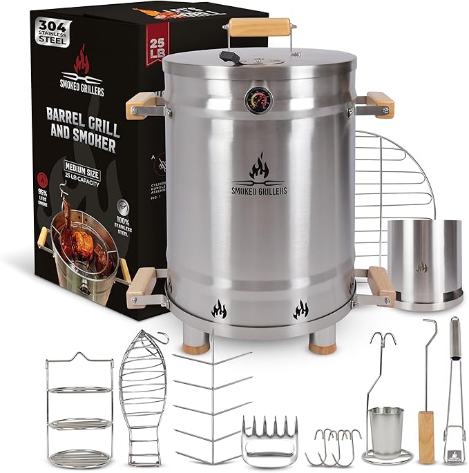 Barrel Smoker Grill Combo | 100% 304 Stainless Steel Barrel | 95% Less Smoke Even Heat | Easy to Use &amp Clean – Vertical Smoker Ideal for Balconies and Backyards (MEDIUM-25 LBS)