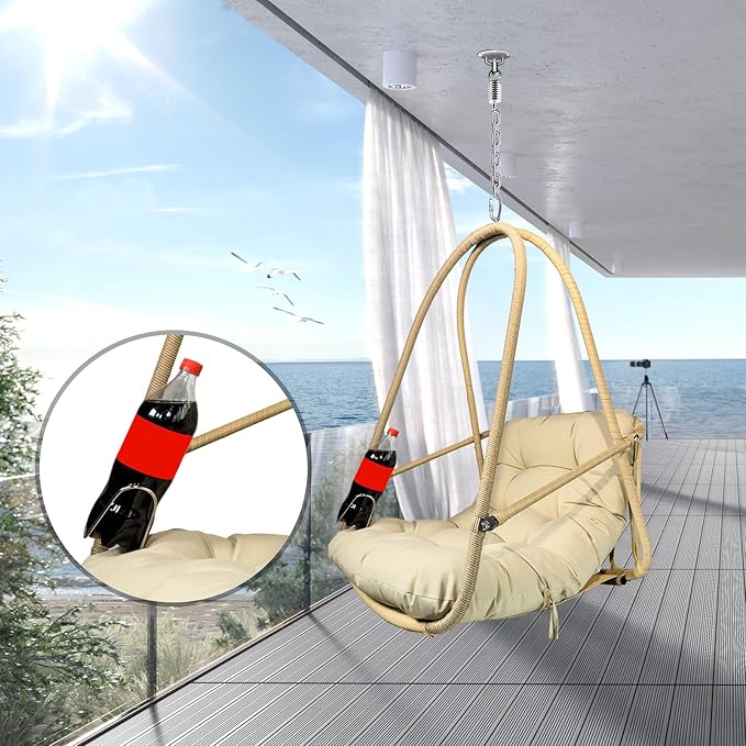 Patio Swing Egg Chair Rattan Hammock Chair Hanging Swing Basket with 47.24 Chain Water-Resistant Cushion Cup Holder for Indoor Outdoor Backyard Garden Beige &amp Brown