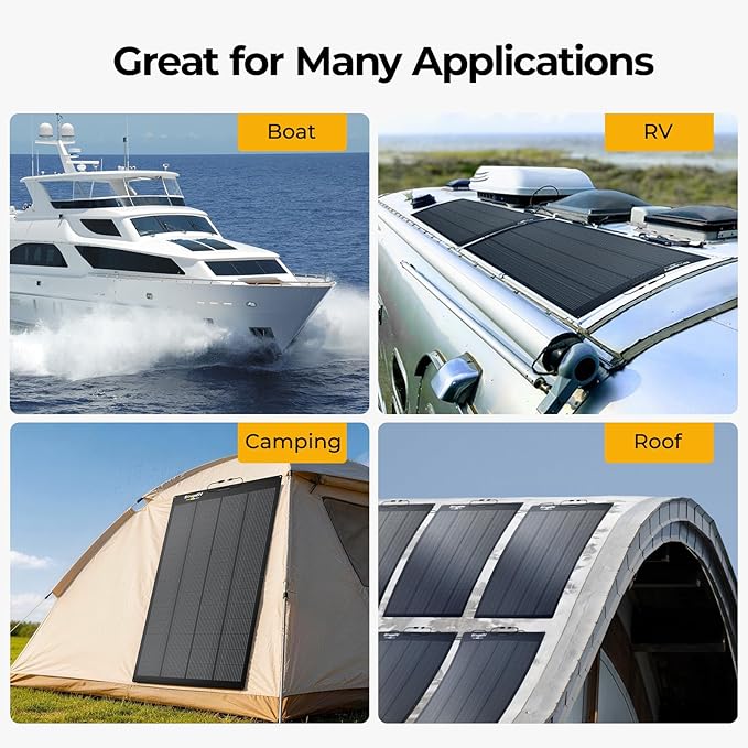 BougeRV Upgrade Arch 200W N-Type Fiberglass Flexible Solar Panel 24 Volts 16BB Mono Cell 25% High-Efficiency 270° Lightweight Compact for RV Boat Marine Camping Home Curve Surface Black