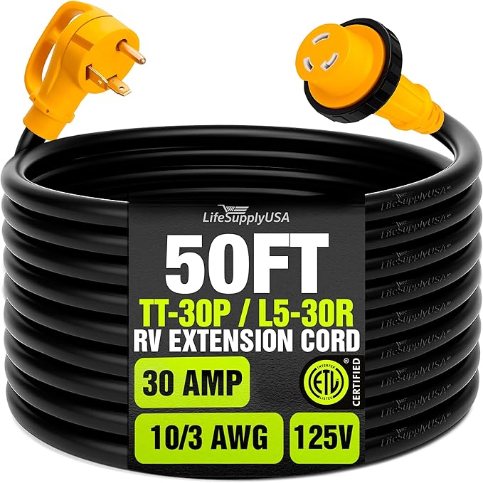 50ft RV Extension Cord 30 AMP (TT-30P/L5-30R) with Twist-Lock Connector and Grip Handle Hook and Loop Strap - STW 10/3 AWG 125 Volt - Heavy Duty - by LifeSupplyUSA