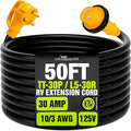 50ft RV Extension Cord 30 AMP (TT-30P/L5-30R) with Twist-Lock Connector and Grip Handle Hook and Loop Strap - STW 10/3 AWG 125 Volt - Heavy Duty - by LifeSupplyUSA