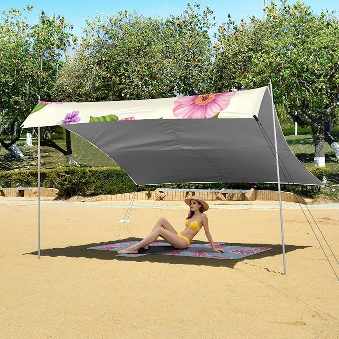 Beach Canopy with Windproof Ropes &amp Sandbags Beach Tent Sun Shade Sun Shelter for Camping Trips Fishing Backyard Fun or Picnics Flowers
