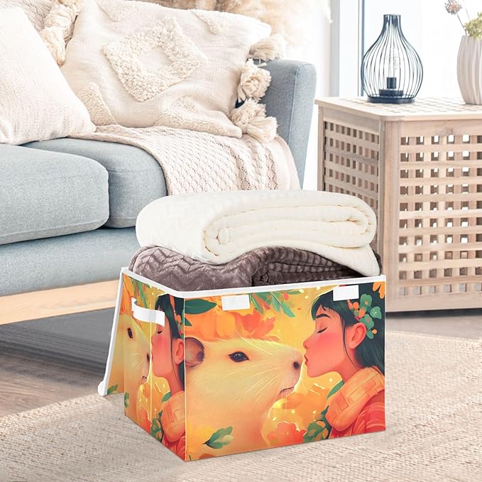 Storage Cube with Lid Capybara and Lady Print 16.5×12.6×11.8 IN Collapsible Large Capacity Foldable Storage Basket Bin Organizer
