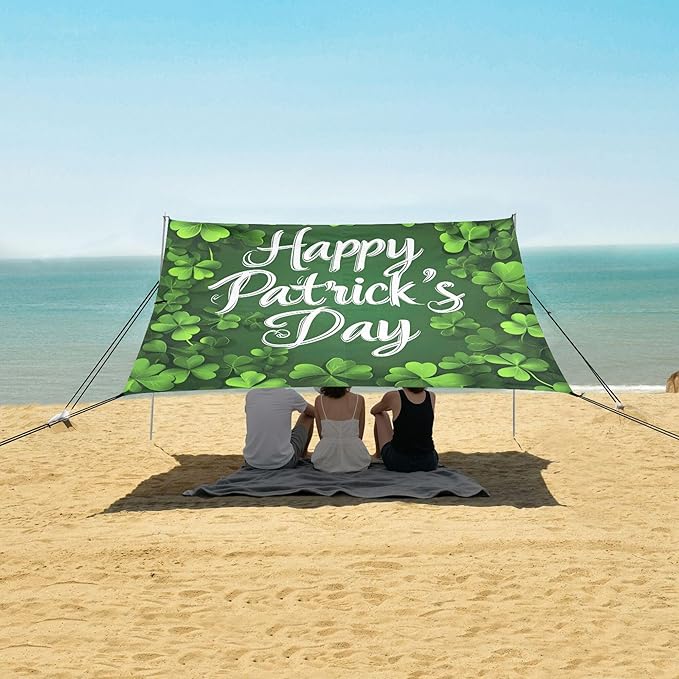 St. Patrick's Day Beach Canopy Sun Shelter with Sandbags &amp Sand Shovel &amp Windproof Ropes - Portable 110x126 Beach Shade Beach Tent for Camping Picnics