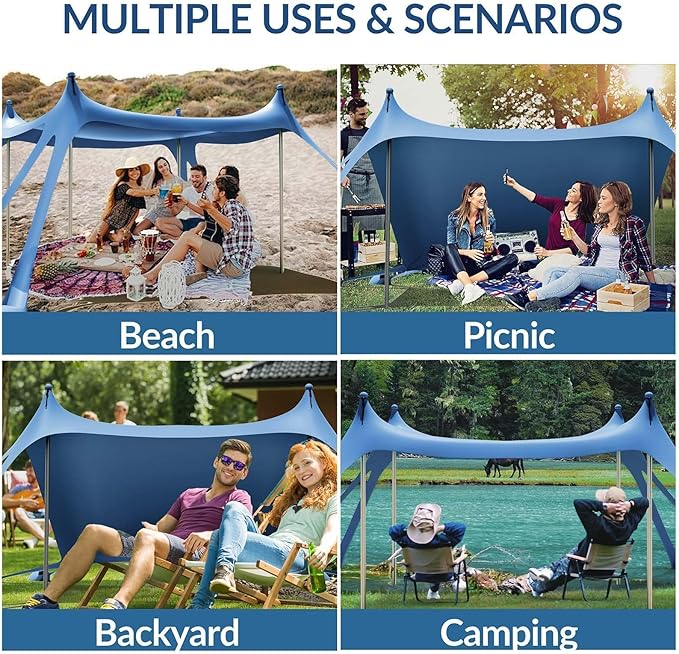 Gardentime Beach Tent Canopy with 8 Sandbags 4 Aluminum Poles Pop Up Portable Camping Sun Shelter Easy Set Up with 2 Sand Shovel Ground Pegs Carrying Bag for Outdoor BeachPicnic Fishing
