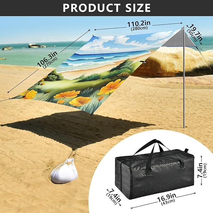 Beach Canopy with Windproof Ropes &amp Sandbags Beach Tent Sun Shade Sun Shelter for Camping Trips Fishing Backyard Fun or Picnics Beach