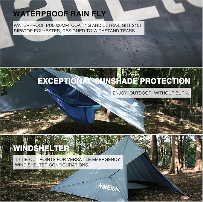 Waterproof Camping Tarp - PU5000mm Coating Rain Fly for Hammock Cover Tarp Tent Versatile with 19 tie-Outs - Portable Essential for Backpacking and Camping Gear - 10x10ft