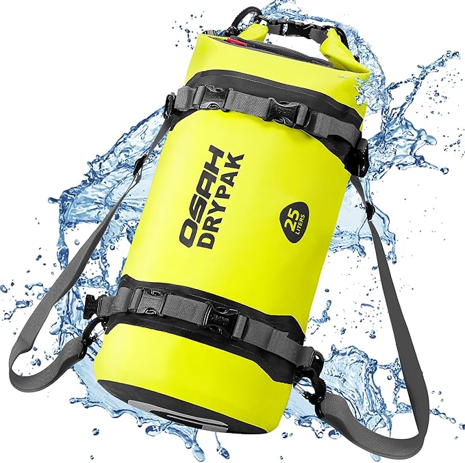 OSAH DRYPAK 25L Waterproof Dry Bag - Motorcycle Luggage Tail Bag with Straps for Back Seat Roll Top Lightweight Waterproof Backpack Sack for Travel Swimming Boating Kayaking Camping and Beach