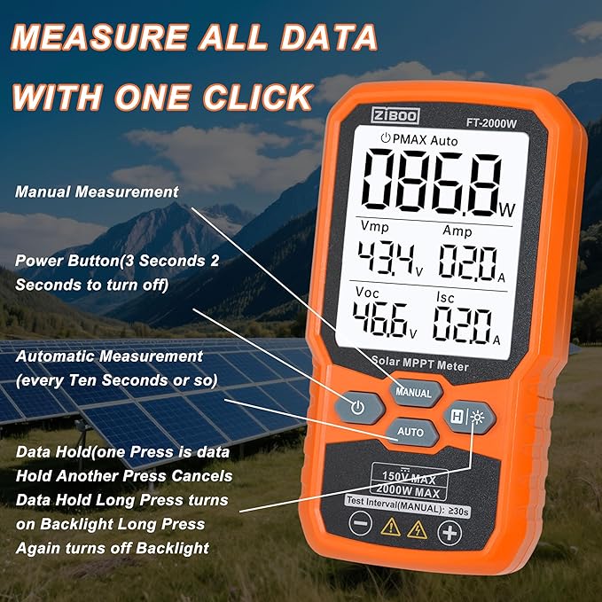 ZIBOO FT-2000W Solar Panel Tester MPPT Meter - 2000W Max Power 150V/35A PV Module Tester for Voc/Isc Open Circuit Voltage &amp Short Circuit Current with Backlight &amp Data Hold