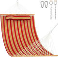 Lazy Daze Hammocks Hammock Quilted Fabric with Pillow for Two Person Double Size Spreader Bar Heavy Duty Stylish Red &amp Tan Stripe